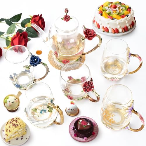 OEAGO Enamel Glass Flower Tea Pot 30.4OZ Birthday Gifts for Women Mom