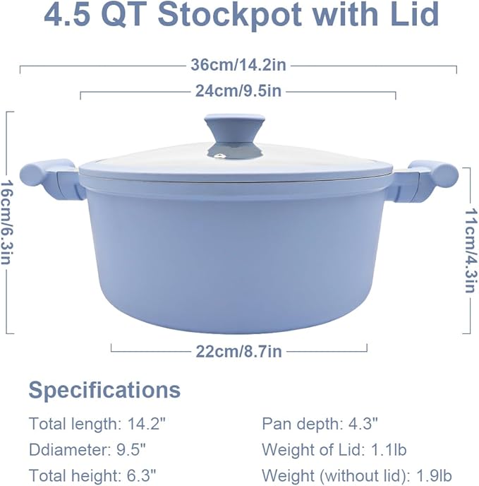 4.5 Quart Stock Pot with Lid, Non Stick Cooking Pot, Ceramic Soup Pot Nonstick, Induction Cookware for Pasta,Soup,Spaghetti, Stay-Cool Handle, Suitable for All Stoves, PFAS-Free, Blue