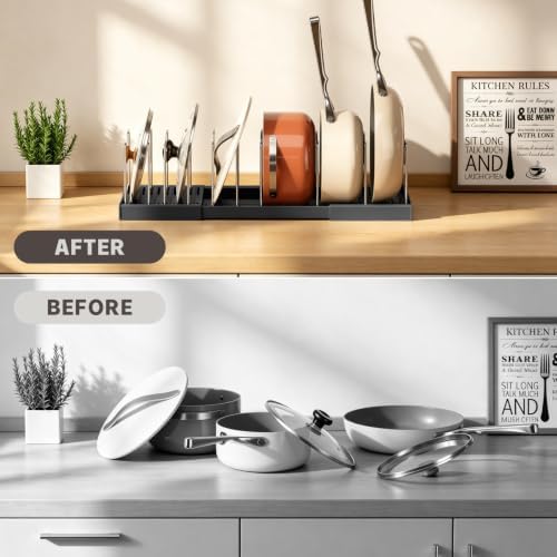 Magheo Pots and Pans Organizer Under Cabinet, Expandable 12.6"-22.8" Kitchen Cabinet Organizer Holder with 10 Adjustable Dividers for Food Storage Container Lid, Cookie Sheet, Cookware(1 Pack, Black)