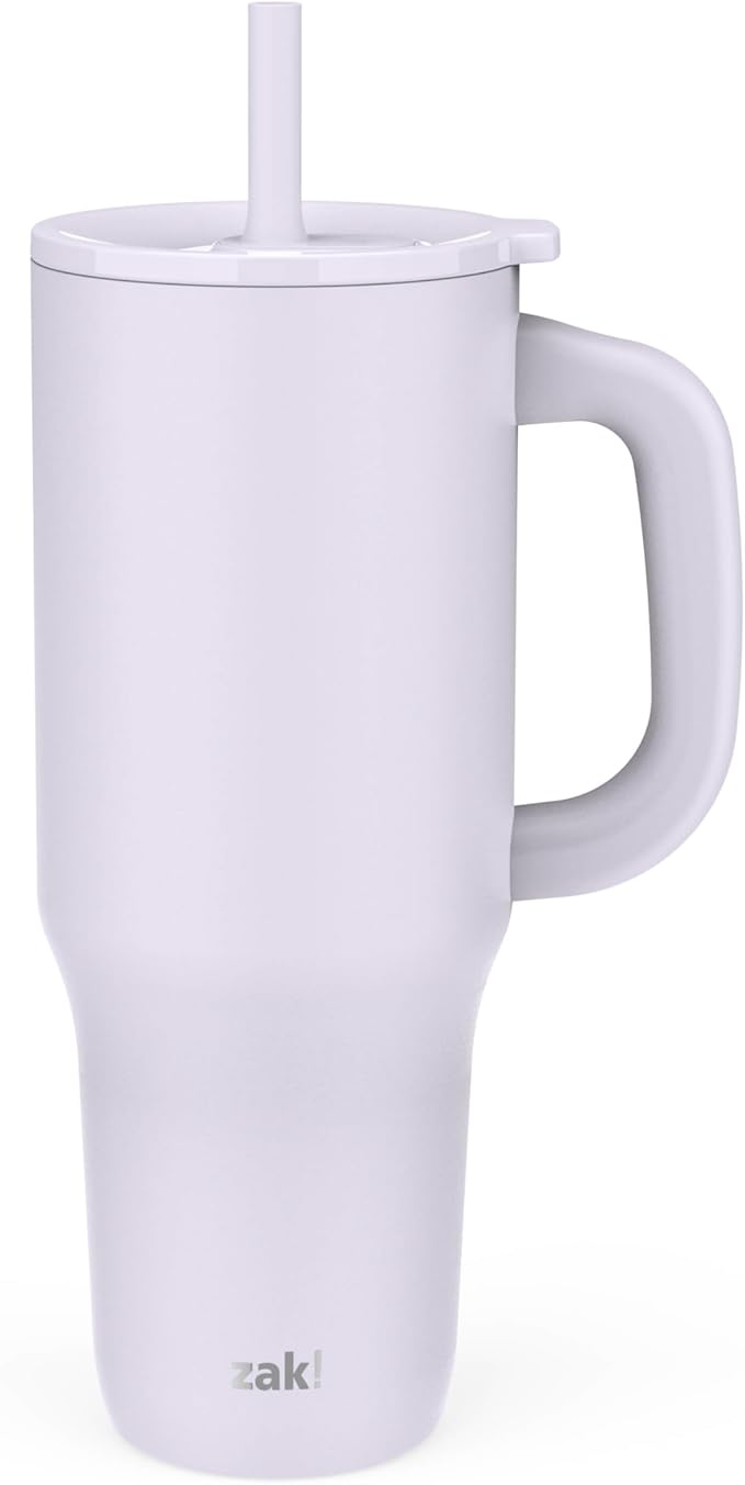 Zak Designs Sutton Travel Tumbler for On the Go, 40oz Stainless Steel with Vacuum Insulation, Silicone Straw, and Carry Handle for Cold Drinks (Smoky Lilac Purple)