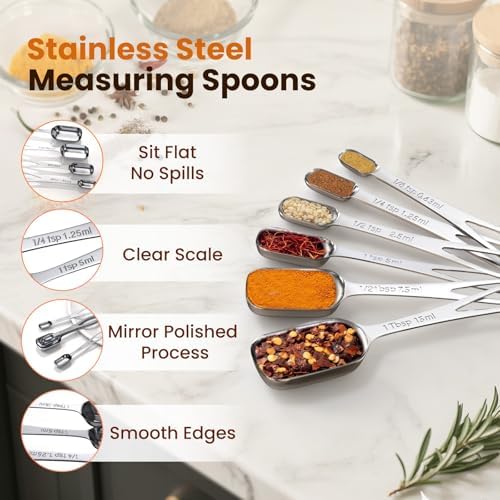 6PCS Narrow Measuring Spoons Set, Stainless Steel Measuring Spoon Fits in Spice Jars, Metal Teaspoon Measuring Spoons, Rectangular Tablespoon, Long Measuring Spoons for Dry & Liquid Ingredients