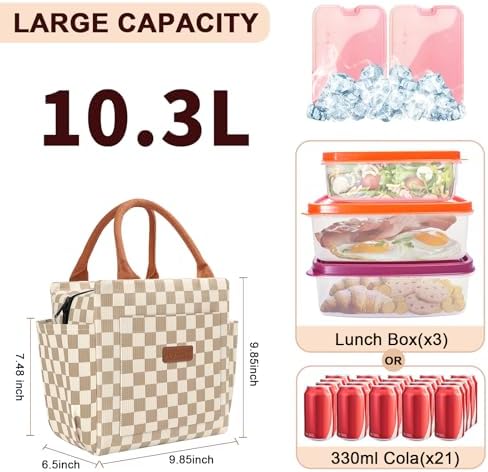 Joymee Lunch Bag for Women Insulated Corduroy Large Capacity- Checker Brown