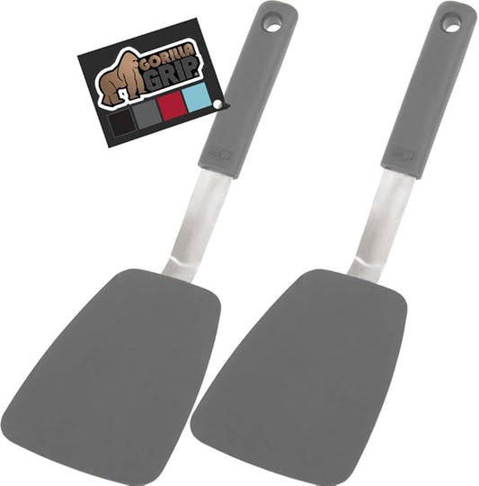 GORILLA GRIP Food Grade Flexible Silicone Spatula, 2 Pack, Heat Resistant Head for Nonstick Frying Pan, Patented Soft Rubber Handle for Comfort, Non-Scratch Kitchen Turner, Flip Eggs, 11.6 in, Gray