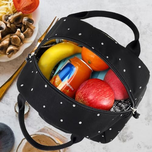 Bluboon Lunch Box for Women Cute Lunch Bag Reusable Insulated Lunch Bags Large Capacity Lunchbox Cooler for Work Picnic or Travel Gifts (Polka Dot Black, 10 x 7.5 x 8 inches)
