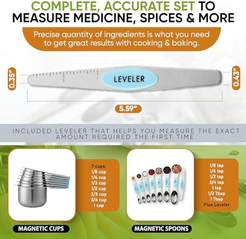Spring Chef 15 Magnetic Measuring Cups & Spoons Set w/Levelers, Aqua Sky