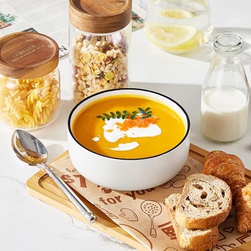 MALACASA 24 OZ Ceramic Bowls Set of 6, Soup Cereal Bowls, Black Rim