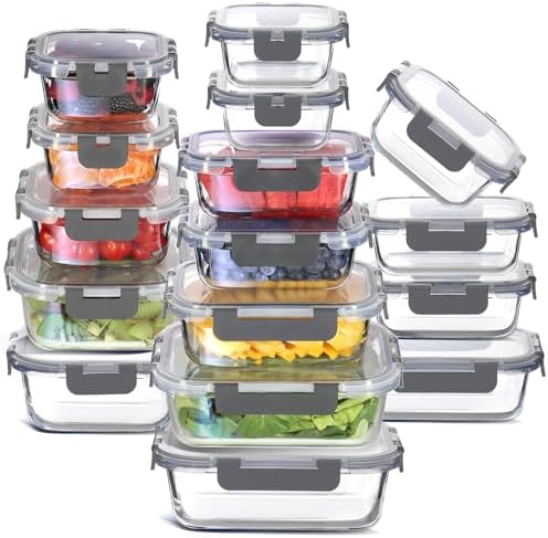 EATEX 32pc Glass Storage Containers with Lids, 16 Glass Food Storage Containers with 16 Airtight Lids for Pantry & Kitchen, Meal Prep Containers for Lunch, Oven Freezer Microwave & Dishwasher Safe