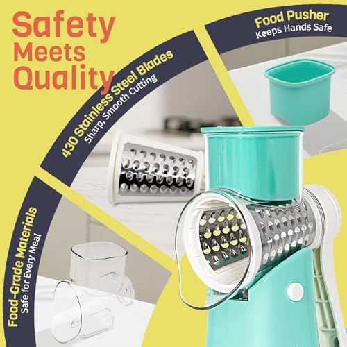 5-in-1 Rotary Cheese Grater Hand Crank, Vegetable Slicer Shredder with 5 Interchangeable Blades, Graters for Kitchen, Safe Kitchen Tool for Cheese, Nuts, Chocolate, Blue