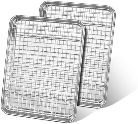 Quarter Sheet Pan with Cooling Rack, Leonyo 1/4 Cookie Sheets for Baking, Wire Rack for Cooking, Nonstick & Stainless Steel Baking Tray for Toaster Oven, Bacon - Size 12.5"x 9.7", 2 Trays + 2 Racks