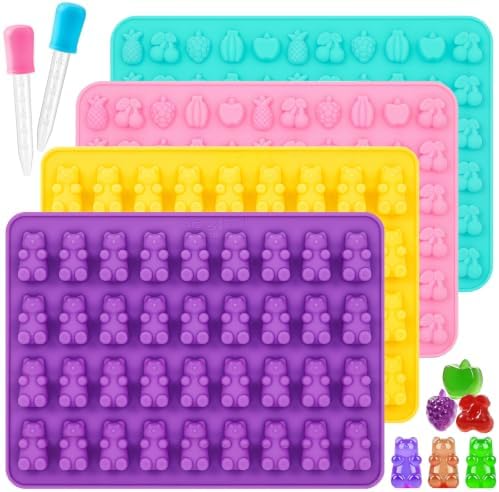 Gummy Bear Mold Silicone, Fruit Snack Molds Gummies Trays Molds with Dropper for Candy Chocolate, 4Pcs Medium & Mini
