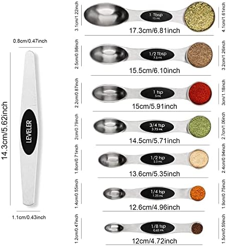 Magnetic Measuring Spoons Set with Leveler, Stackable Stainless Steel Tablespoons for Baking, Fits in Spice Jars