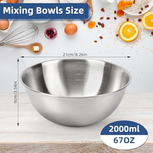 3-Piece Stainless Steel Mixing Bowls (2.2Qt) Metal Bowl Set with Measurement Marks, Dishwasher Safe & Stackable - For Baking, Salad Making, Meal Prep