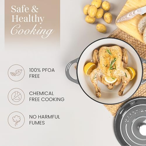 Cast Iron Dutch Oven with Lid - Non-Stick Ovenproof Enamelled Casserole Pot- Sturdy Dutch Oven Cookware - Grey, 7.3- Quart, 30cm- by Nuovva