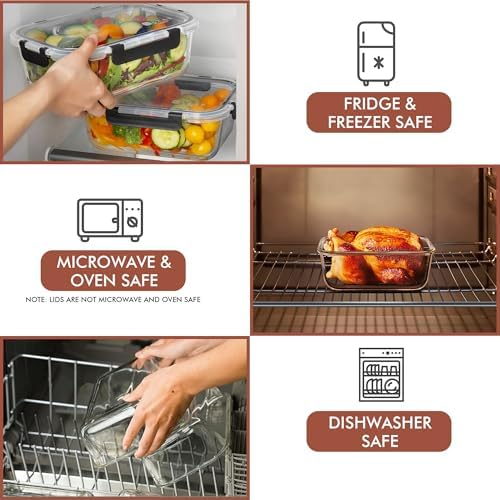 Razab 2 Pcs 1860ml / 63 Oz Large Glass Food Storage Containers with Lids - Glass Meal Prep Containers with Locking Lids for Roasting, Storing Leftover, Lunch Container, BPA Free, Microwave & Oven Safe