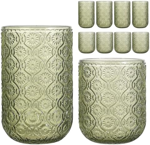 Set of 8 Vintage Embossed Glassware,4 Highball Glasses 14oz & 4 Rocks Drinking Glasses 9oz, Art Deco, for Wine, Water, Cocktail, Juice, Whiskey, Gift (Green)