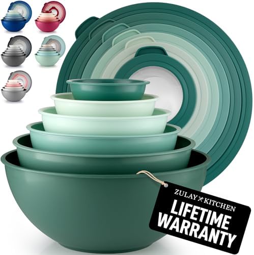 Zulay Kitchen 12-Piece Plastic Mixing Bowl Set - Colorful Nesting Bowls with Lids - Microwave & Freezer Safe (Teal Ombre)