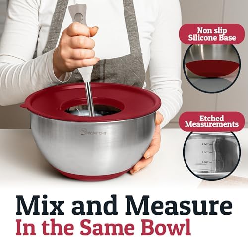Priority Chef Stainless Steel Mixing Bowls with Lids Set, 3 Grater Attachments, Airtight Lids, Non-Slip Silicone Base Mixing Bowl Set, Large Prep Metal Mixing Bowls for Kitchen, Red