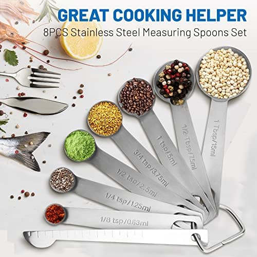 8PCS Measuring Spoons, Premium Heavy Duty Stainless Steel Measuring Spoons Cups Set, Small Tablespoon with Metric and US Measurements, Set of 8 for Measuring Dry and Liquid Ingredients