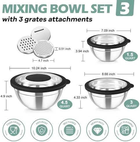 TeamFar Mixing Bowls, 3PCS Stainless Steel Serving Salad Bowls
