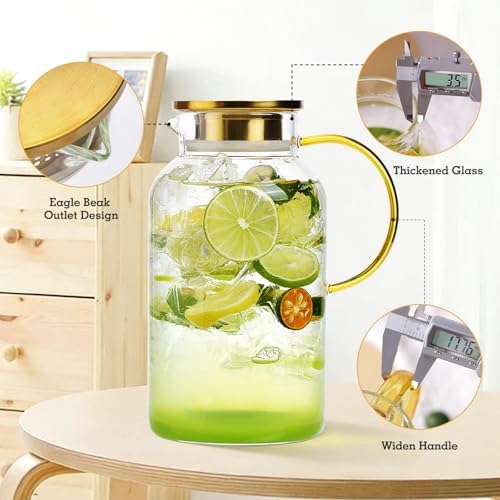 2 Pack 2 Liter/68oz Glass Pitchers with Handle and Lid, Glass Water Pitcher