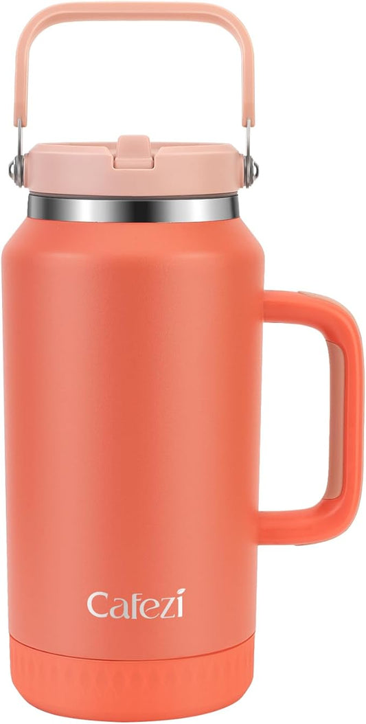 64oz Stainless Steel Water Bottle with Flip Straw - Leak-Proof, Sweat-Free, Top and Side Handle, Anti-Slip Base, Iced for 34 Hours, Dishwasher Safe - Water Jug for Sports Events, Beach Days