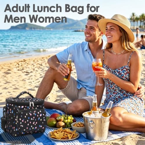FlowFly Insulated Reusable Lunch Bag Adult Large Lunch Box for Women and Men with Adjustable Shoulder Strap,Front Zipper Pocket and Dual Large Mesh Side Pockets,BlackFlower