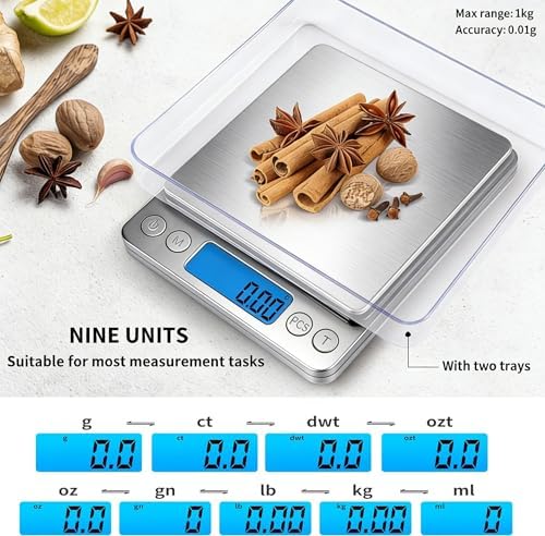 Digital Gram Scale 1000g/0.01g, Scale for Food Ounces and Grams, Upgrade USB Charging Kitchen Scale Digital Weight for Cooking, Baking, Tare Function, 9 Units, 2 Tray