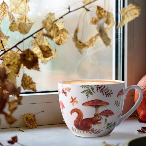 Autumn Squirrel Mug – 20oz Bone China Coffee Mug, Cozy Fall Mushroom Forest Design, Gift for Nature Lovers and Friends, Designed in England by Harvest Green Studio