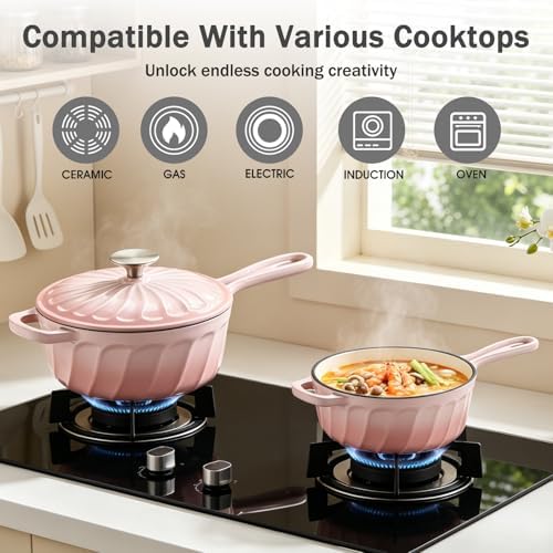 Enameled Cast Iron Sauce Pan with Lid, 1 Quart Saucepan with Lid