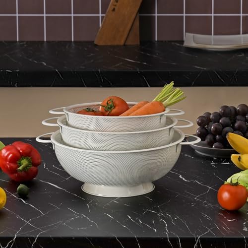 Stainless Steel Colander 3 Piece,Metal Strainer Basket with Solid Base and Handles for Kitchen Food,Pasta, Noodles, Vegetables and Fruits,Powder Coated,BPA Free,Dishwasher Safe,2 & 3 & 4.5 Qt (Cream)