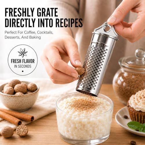 HIC Kitchen Nutmeg Grater, Stainless Steel, Grates Nutmeg, Cinnamon Sticks, Block Chocolate, Ginger, and Hard Cheeses