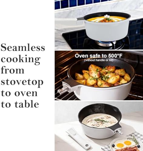 2 Qt Saucepan with Lid, Nonstick Sauce Pot with Pour Spout, White