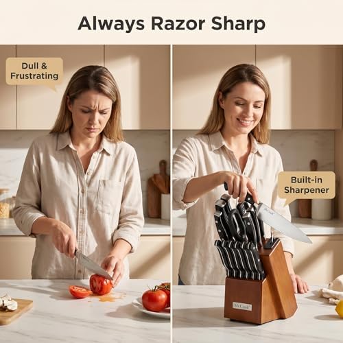 McCook Kitchen Knife Set 15PC Knife Block Set w Built-in Sharpener