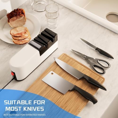 Electric knife sharpener, 5 in 1 knife sharpening system with straight blade, professional diamond knife sharpener FOR rough sharpening, repair and sharpening of knives (White & Black)
