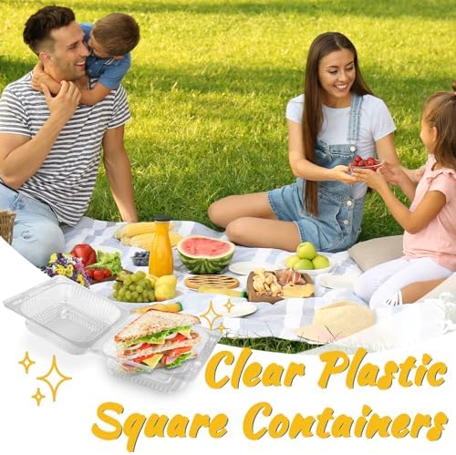 Qyyiguf 200 PCS Clear Plastic Square Hinged Containers,Disposable To Go Containers with Lids,Clamshell Food Containers for Sandwiches,Dessert,Cakes,Cookies,Salads,Pasta(5.3x4.7x2.8 In), 41wsdSDF