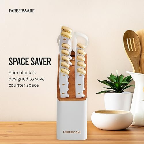 Farberware 15-Piece Kitchen Knife Block Set, White and Gold