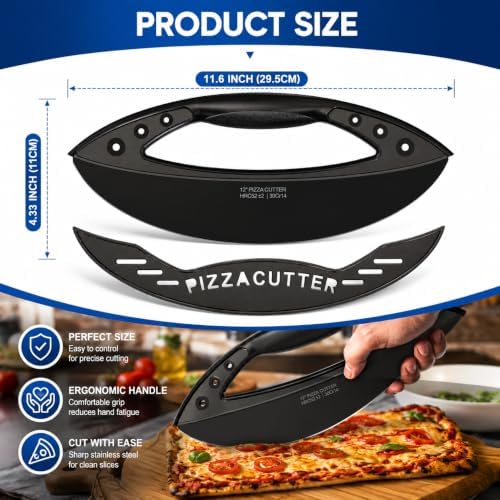 AILUROPODA 12-Inch Pizza Rocker Blade Cutter, Stainless Steel with Protective Cover, Black
