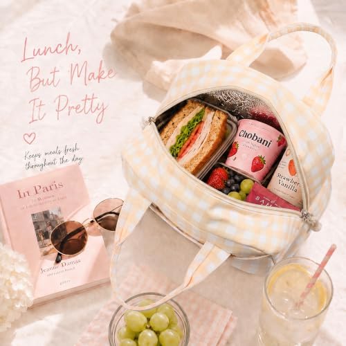 LOVELYWIND Lunch Bag for Women, Insulated Lunch Box, Yellow Gingham Tote