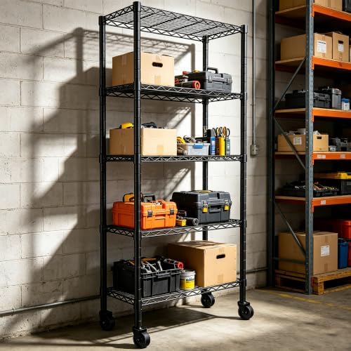 REGILLER 5-Wire Shelving Metal Storage Rack Adjustable Shelves,Standing Storage Shelf Units for Laundry Bathroom Kitchen Pantry Closet(Black,14.1" D x 30" W x 82" H,With Wheels)