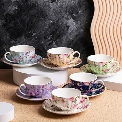 BTaT- Floral Tea Cups and Saucers Set of 6 (7 oz), Porcelain Tea Cups Set of 6, Modern Midnight Floral Design with Gold Trim, Dishwasher & Freezer Safe (Pack of 2)