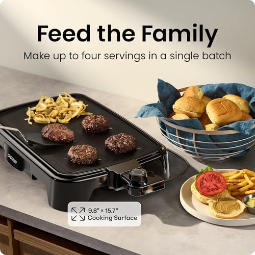 Chefman Electric Griddle with Removable Temperature Control, Immersible Flat Top Grill, Burger, Eggs, Pancake Griddle, Nonstick Easy Clean Cooking Surface, Slide Out Drip Tray, 10 x 16 Inch