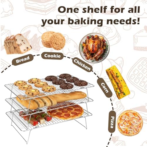 Pleafind 3 Pieces Stackable Cooling Rack - 16 x 10 Inch Wire Rack, 0.43" Dense-Grid Cooling Racks for Cooking, Baking, Roasting, Grilling, Oven and Dishwasher Safe, Silver