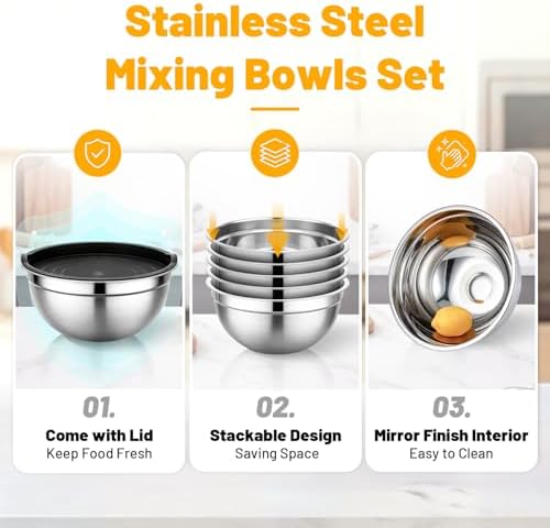Beasea Mixing Bowls Set of 5, 3.4 QT Unbreakable Stainless Steel Mixing Bowls with Lids for Kitchen, Prepping, Food Serving, Storing, Nesting Metal Baking Bowl with Lid for Bread Dough, Cream, Batter