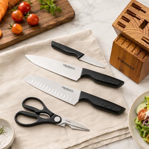 FikShot 15-Piece Kitchen Knife Set with Block & Built-In Sharpener
