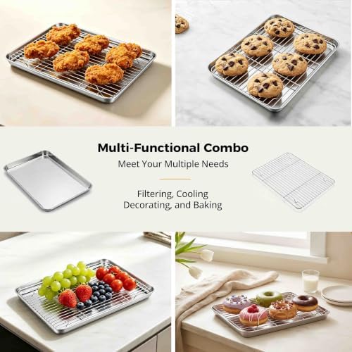 Onader Baking Sheet with Cooling Rack Set, 9¼ x 7 Inch Small Cookie Sheets for Baking, Stainless Steel 1/8 Sheet Pan and Wire Rack Set, Metal Toaster Oven Pan Tray, 1 Pan + 1 Rack