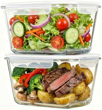 2 Pack Large Glass Food Storage Containers with Lids 85oz/10.5cup Big Airtight Storage Containers for Rotisserie Chicken Meal Prep Leftovers, BPA Free & Leak Proof, Microwave, Oven Safe (transparent)