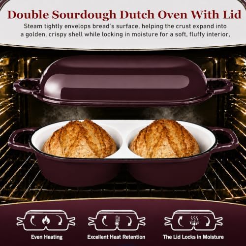 Double Dutch Oven for Sourdough Bread Baking,2.2QT Enameled Cast Iron Dutch Oven Pot with Lid,500°F Oven Safe Non Stick Bread Loaf Pan,Sourdough Baking Pan for Homemade Baking（Burgundy）