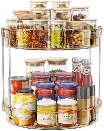 LAMU 12inch 2 Tier Lazy Susan Turntable Organizer Rotating Spice Rack Organization for Cabinet, Kitchen, Pantry, Countertop, Bathroom, Vanity, Medicine Cabinet Organizer, Amber