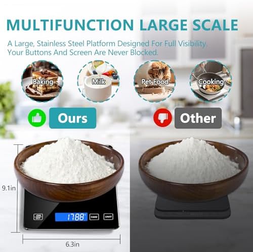 Food Kitchen Scale, Digital Food Scale 33lb/15kg Digital Kitchen Scale Precisely Measures Grams and Ounces for Meal Prep Baking and Cooking, Rechargeable 304 Stainless Steel Kitchen Scale Black