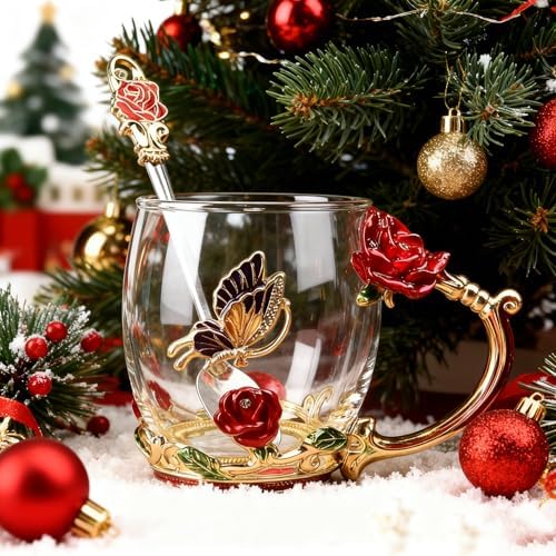 Stocking Stuffers For Women Mom Perfect Christmas Valentines Day Gifts Glass Enamel Coffee Tea Mug Birthday Presents For Her Girlfriend Wife From Daughter Son (Rose Red Coffee Cup, 11 OZ)